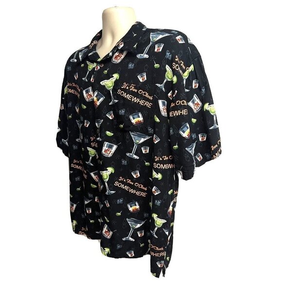 Vintage Big Dogs Men Black Hawaiian Aloha Button Front Shirt XL Pocket Cocktails - Picture 3 of 7
